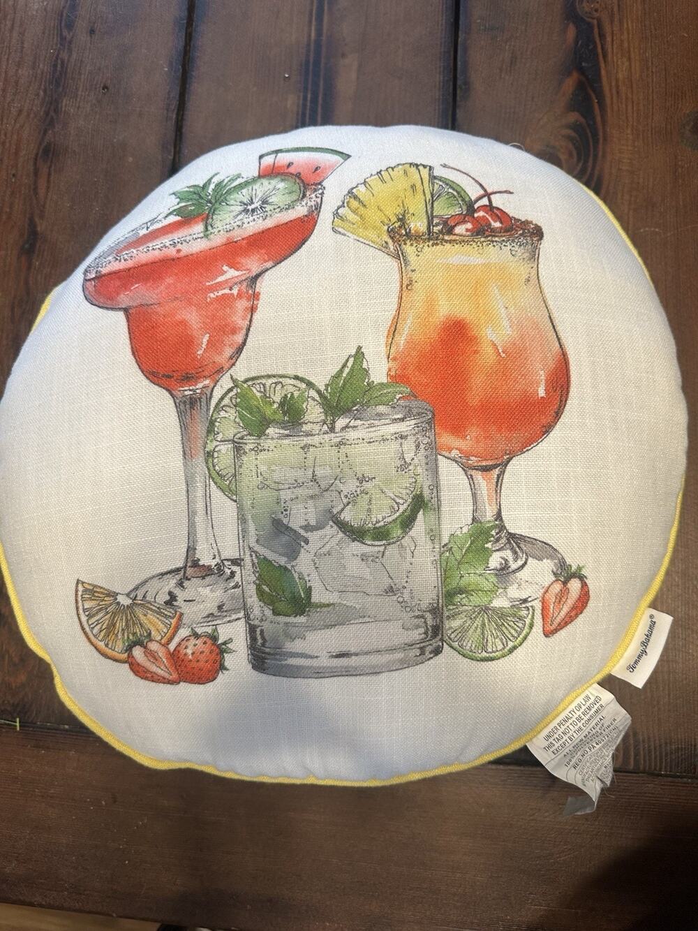 TOMMY BAHAMA Indoor Outdoor 18" Round Pillow Yellow HAPPY HOUR Cocktail Drink